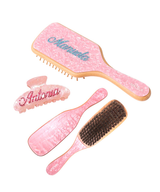 COMBO CEPILLO PULIDOR SIN PERSONALIZAR + CEPILLO DE BAMBÚ PERSONALIZADO + HAIRCLIP PERSONALIZADO  ROSA
